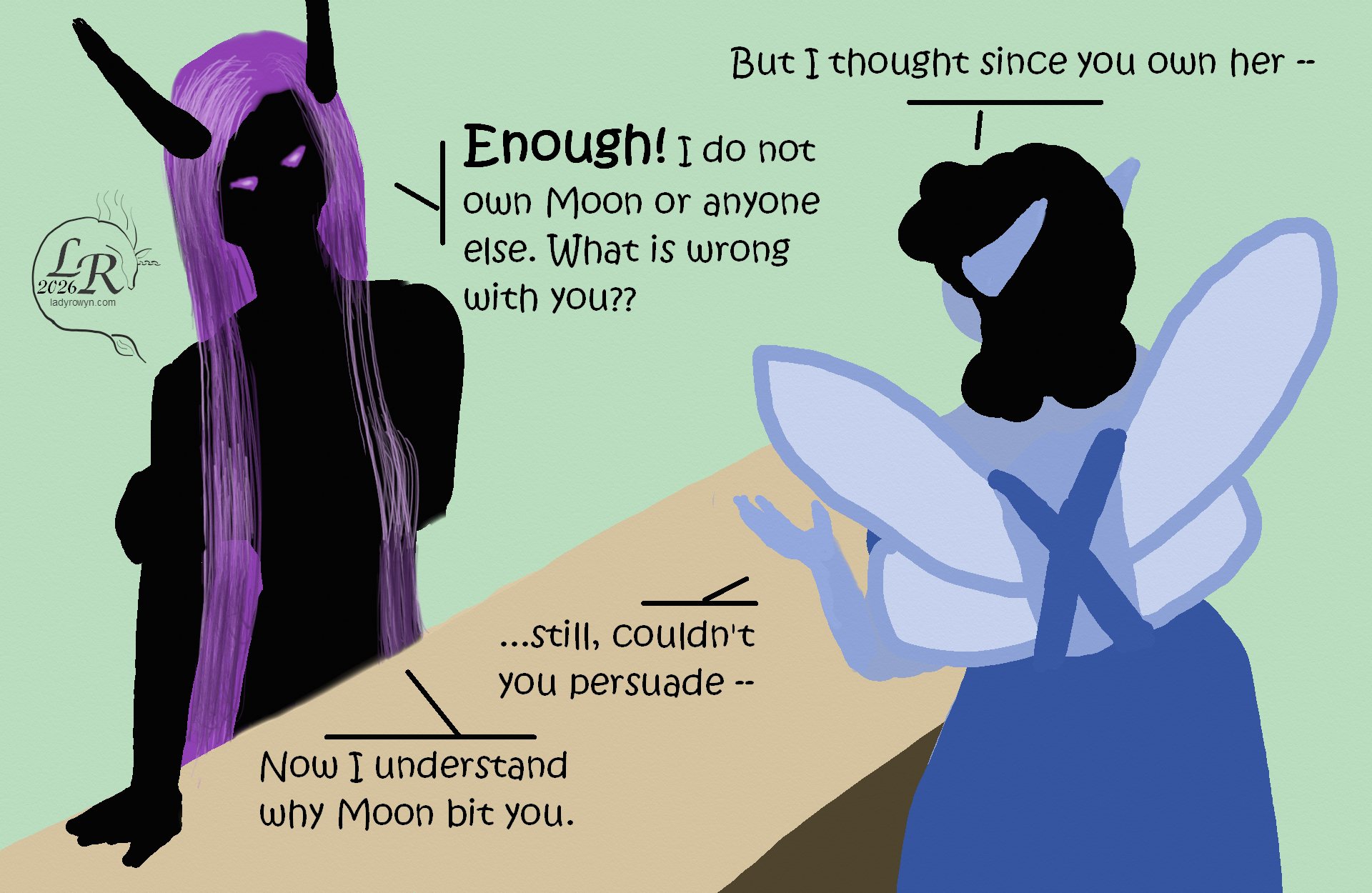 Simple colored drawing of two figures talking across a counter. Zhenshay, a reflectionless black figure with horns, a tail, and long purple hair, faces the viewer, while a feminine person with light blue skin, long ears, and wings, wearing a dark blue dress with frills, has her back to the viewer.  


Blue woman: 